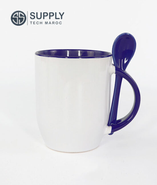 Mug avec cuillère bleu foncé céramique pour sublimation