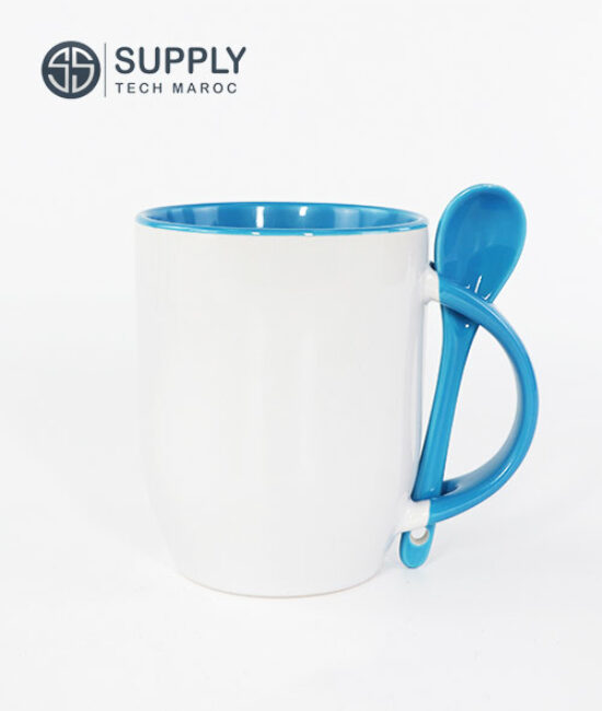 Mug avec cuillère bleu ciel céramique pour sublimation