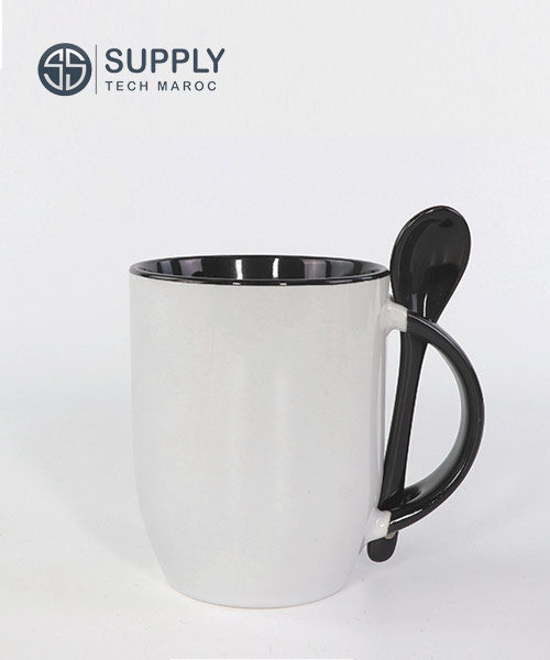Mug avec cuillère Noir céramique pour sublimation
