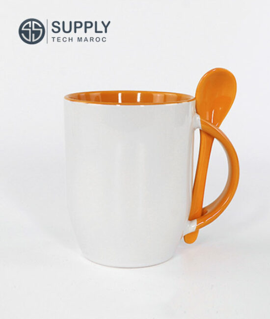 Mug avec cuillère orange céramique pour sublimation