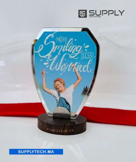 Trophée en Verre Rectangle Arrondi avec Socle en Bois