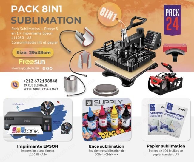 Pack de Sublimation N°24– Presse à Chaud 8 en 1 FreeSub (29×38 cm) + Epson L11050 A3 – Image 1