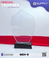 Trophée en Verre Cristal Forme Bouclier – Modèle MEH-8 (24x16 cm) avec Socle en Verre Noir