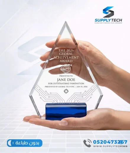 Trophée en cristal transparent – Forme Flamme Socle bleu – Avec coffret