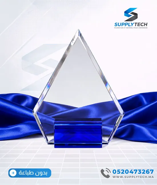Trophée en cristal transparent – Forme Flamme Socle bleu – Avec coffret – Image 3